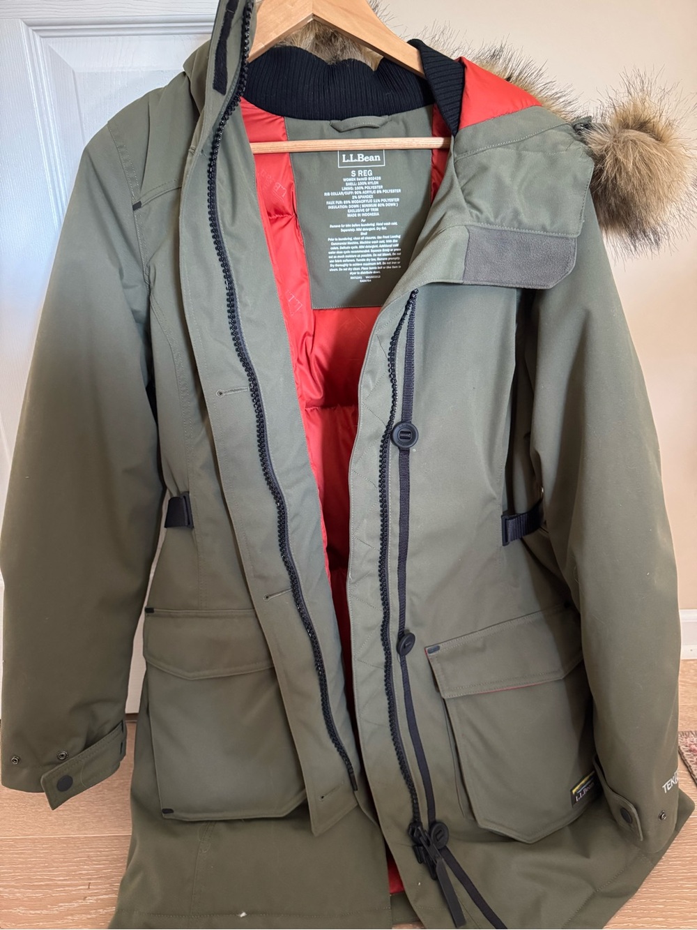 L.L. Bean Olive Green Puffer Coat with Red Lining